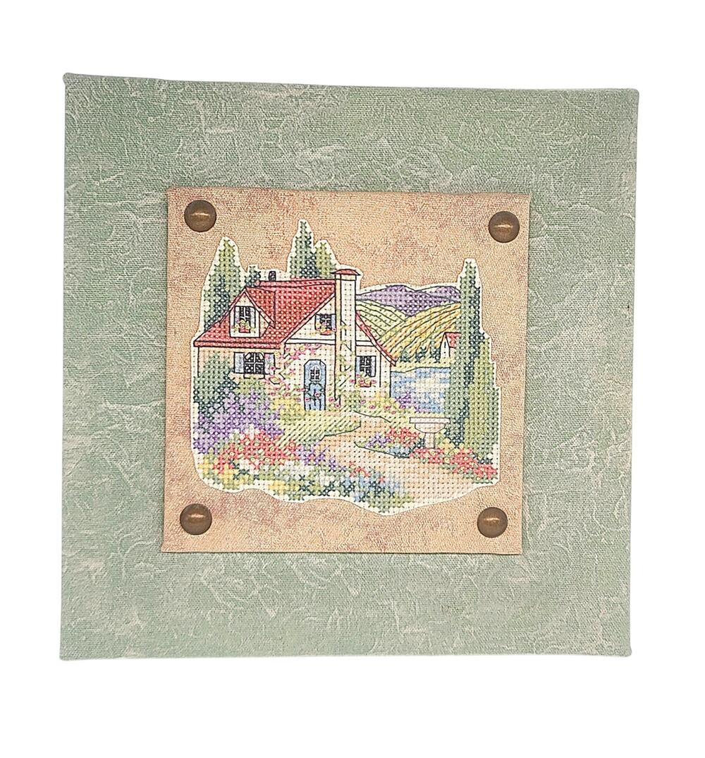 Vtg Mounted Display Handmade Finished Cross Stitch Cottage House Garden 8" X 8"